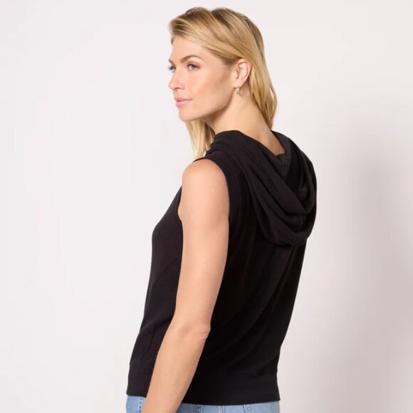 Evereve Zoey Sleeveless Hoodie Lightweight Knit Crewneck Black Relaxed Soft - Picture 3 of 10